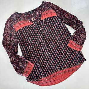 Lucky Brand Boho Floral Peasant Top Womens Medium Red Black Button Front V Neck